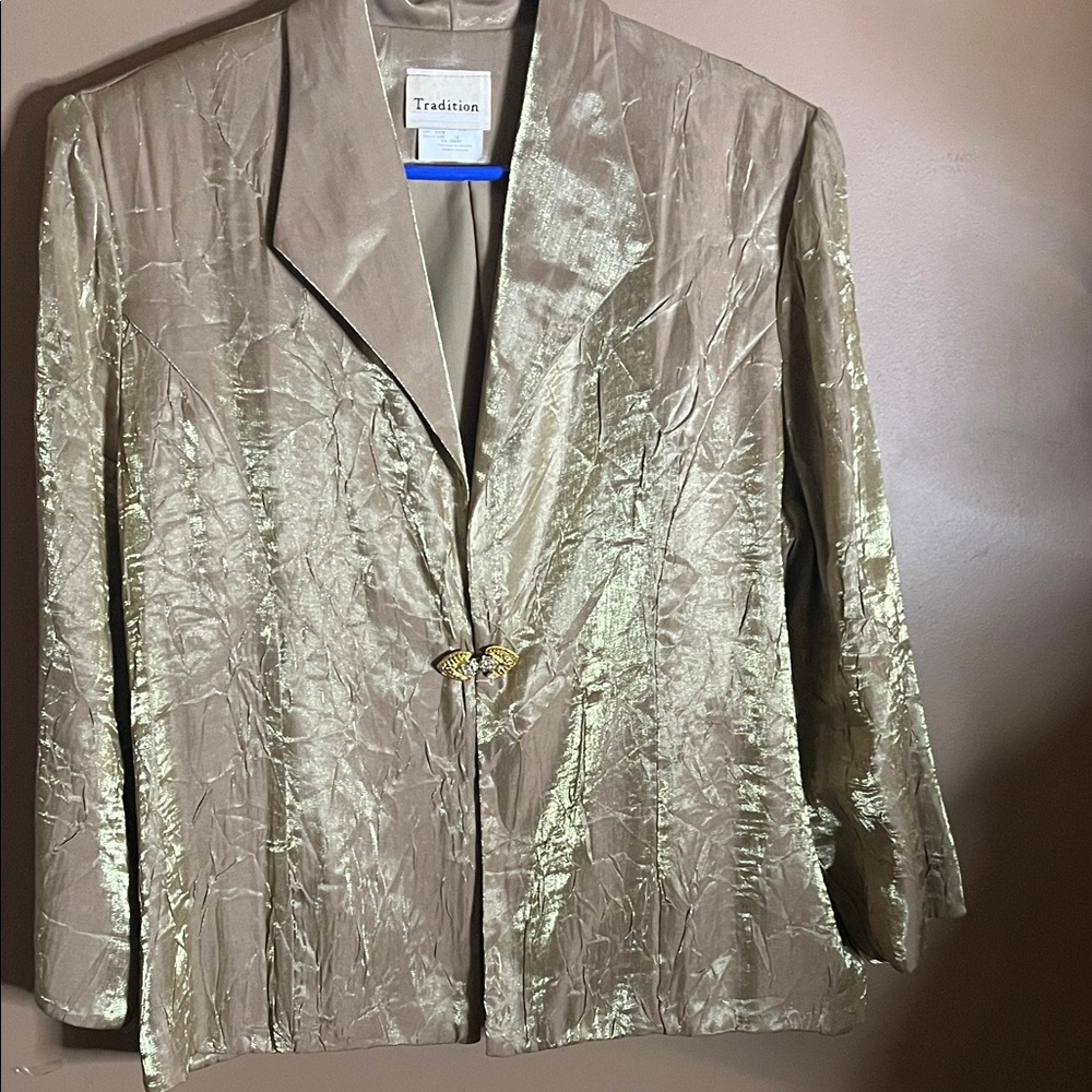 😄Viscose holiday glam blazer gold shimmer shoulder pads